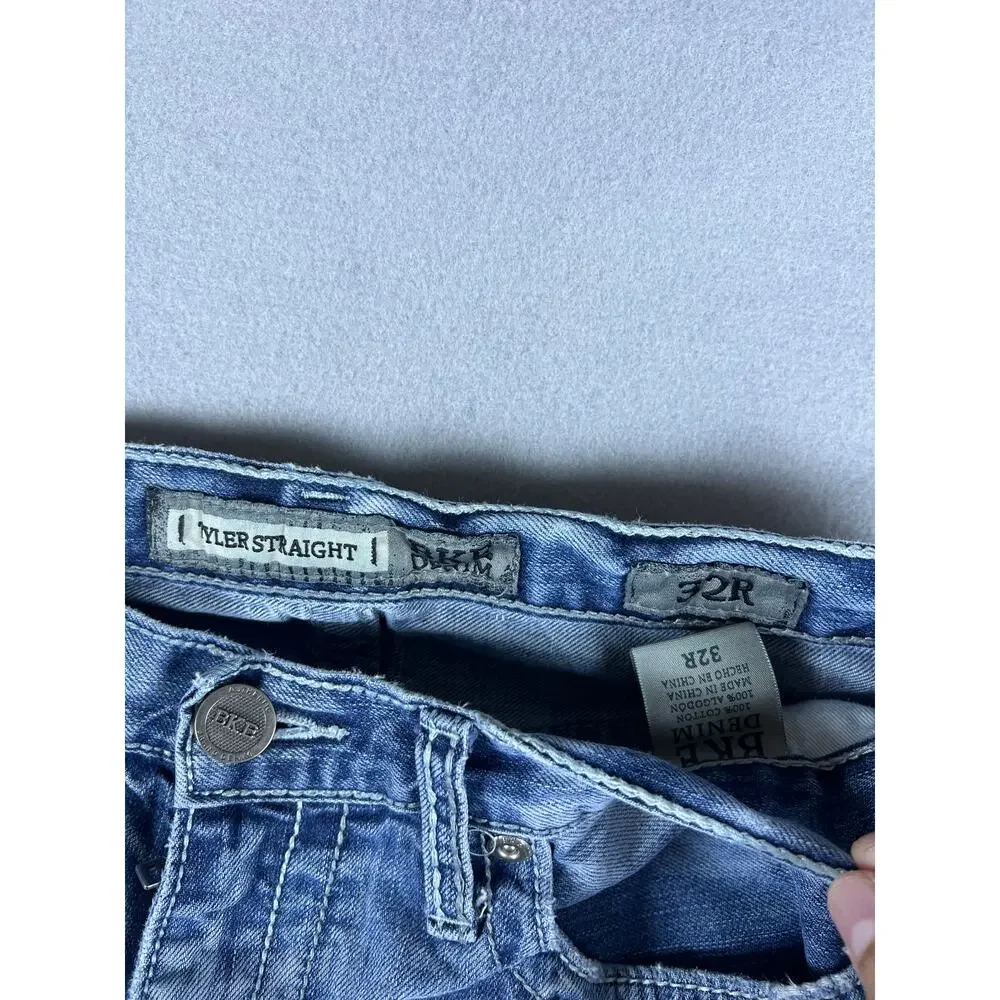 BKE Denim Tyler Straight Jeans Mens 32 Blue Relaxed Medium Wash Distressed Y2K